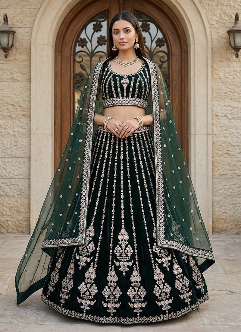 Green Georgette Embroidered Sequins Classic Lehenga Wedding Wear