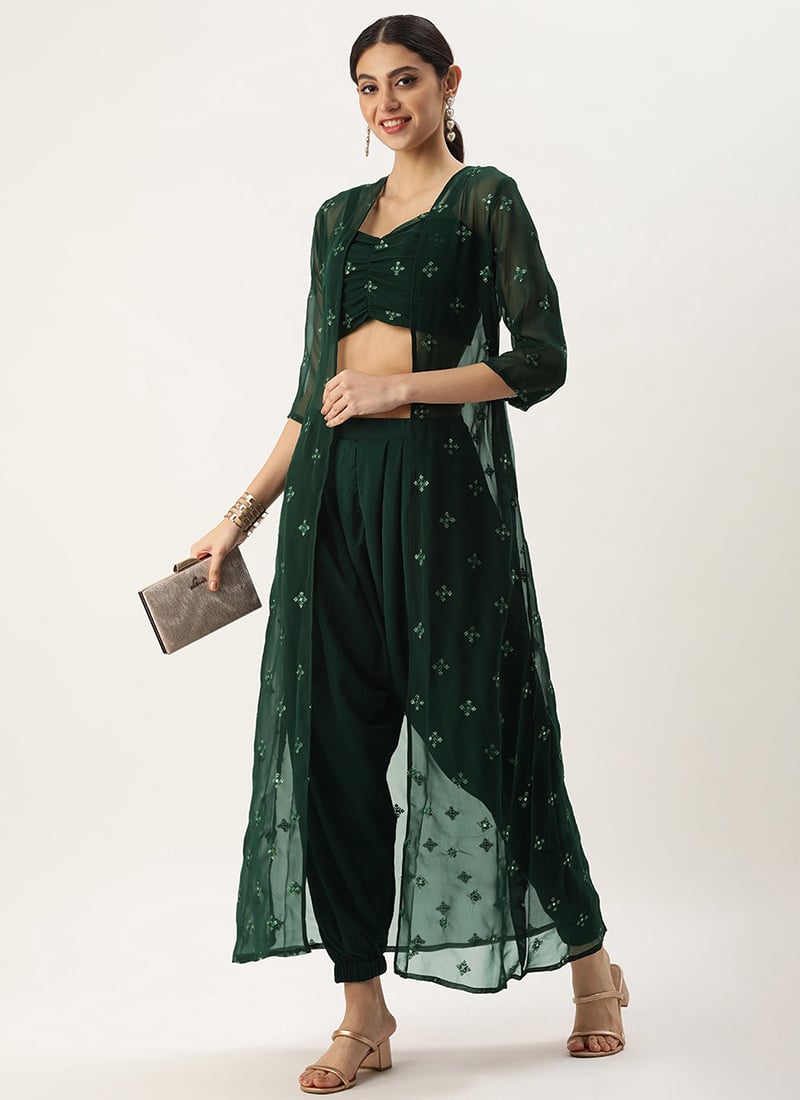 Green Georgette Embroidered Set N Suits Festive Wear