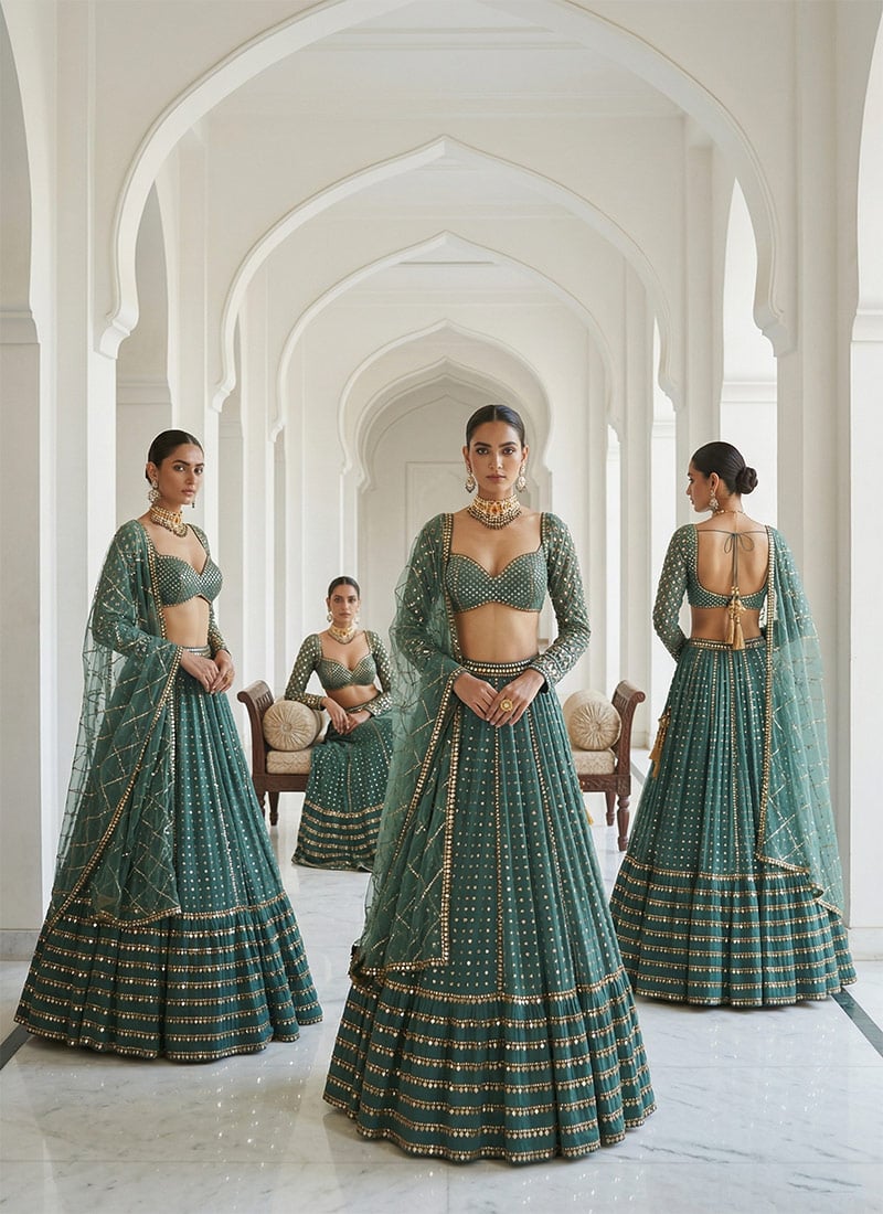 Green Georgette Embroidered Umbrella Lehenga Party Wear