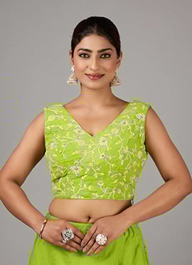 Green Georgette Embroidered V Neck Blouse