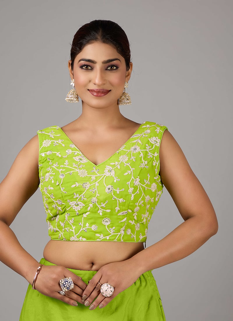 Green Georgette Embroidered V Neck Blouse Festive Wear