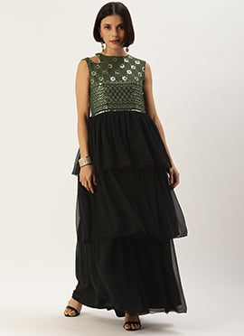 Teen Girls Green Georgette Embroidery Layered Gown