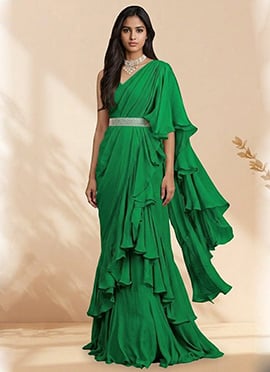 Green Georgette Hand Embroidered Pre Draped Saree