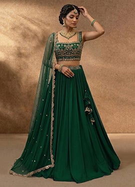 Green Georgette Hand Embroidered Sequins Lehenga