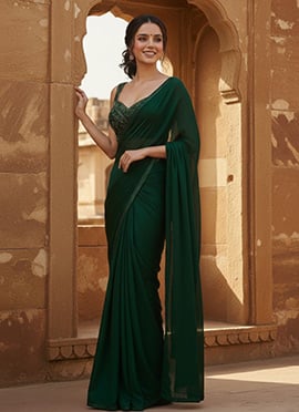 Green Georgette Hand Embroidered Sequins Saree