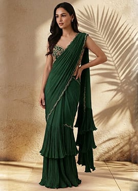 Green Georgette Hand Embroidered Stone Work Pre Draped Saree