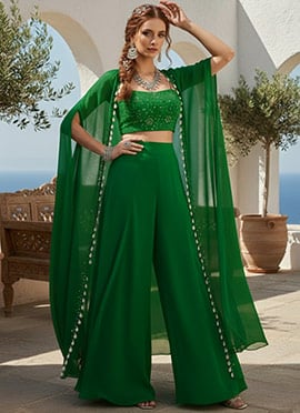 Green Georgette Hand Embroidered With Beads Work Jacket Palazzo Set