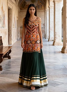 Green Georgette Kutch With Mirror And Gota Work Long Choli Lehenga