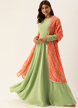 Green Georgette N Orange Printed Anarkali Suit