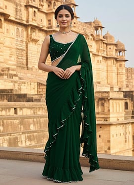 Green Georgette Pre Draped Ruffle Saree
