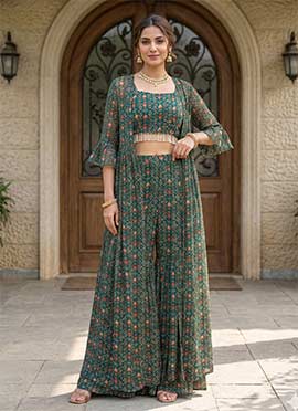 Green Georgette Printed Indowestern Sets and Suits