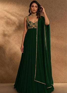 Green Georgette Resham Beads Hand Embroidered Anarkali Suit