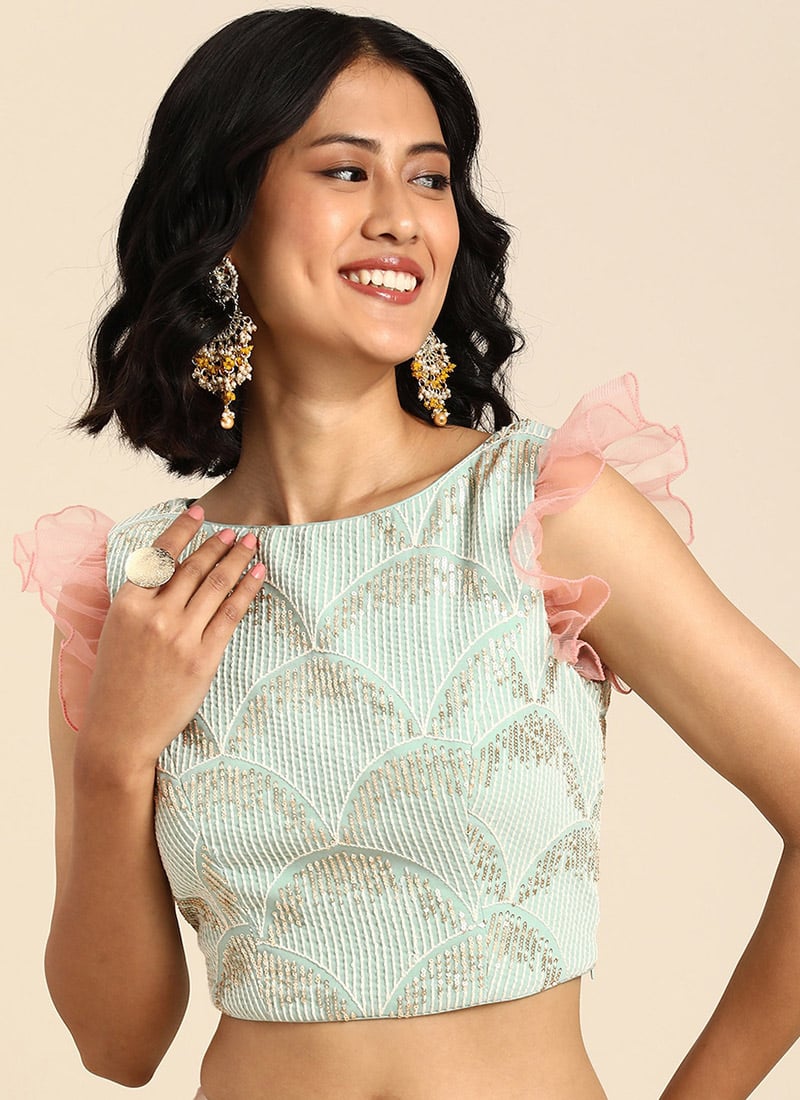 Green Georgette Sequins Embroidered Blouse Festive Wear