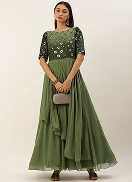 Green Georgette Sequins Embroidery Gown
