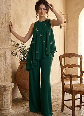 Green Georgette Sequins Indowestern Palazzo Set