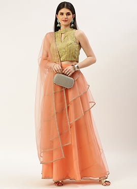 Green Georgette Sequins N Peach Net Lehenga