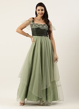 Teen Girls Green Georgette Sequins Net Layered Gown