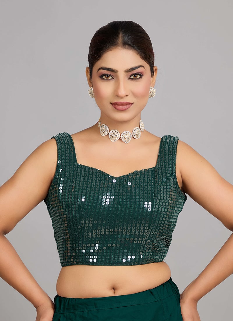 Green Georgette Sequins Sleeveless Blouse Festive Wear