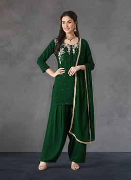 Green Georgette Stones Hand Embroidered Farshi Style Salwar Suit