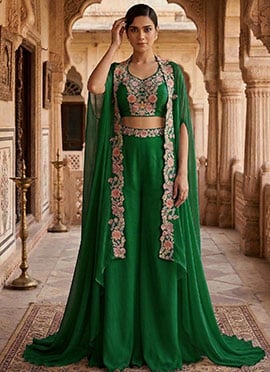 Green Georgette Zari Embroidered Indowestern Palazzo Set With Jacket