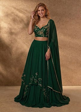 Green Georgette Zari Hand Embroidered Sequins Lehenga
