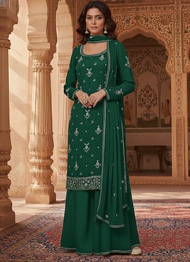 Green Georgette Zari Sequins Palazzo Suit