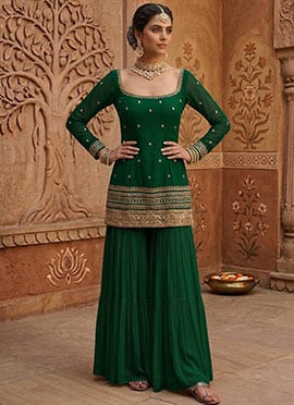 Green Georgette Zari Sequins Sharara Suit