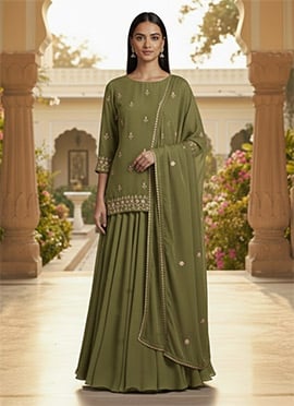 Green Georgette Zari Stones Long Choli Lehenga