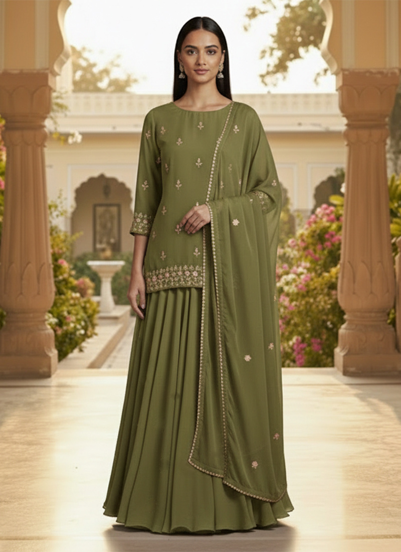 Green Georgette Zari Stones Long Choli Lehenga Festive Wear