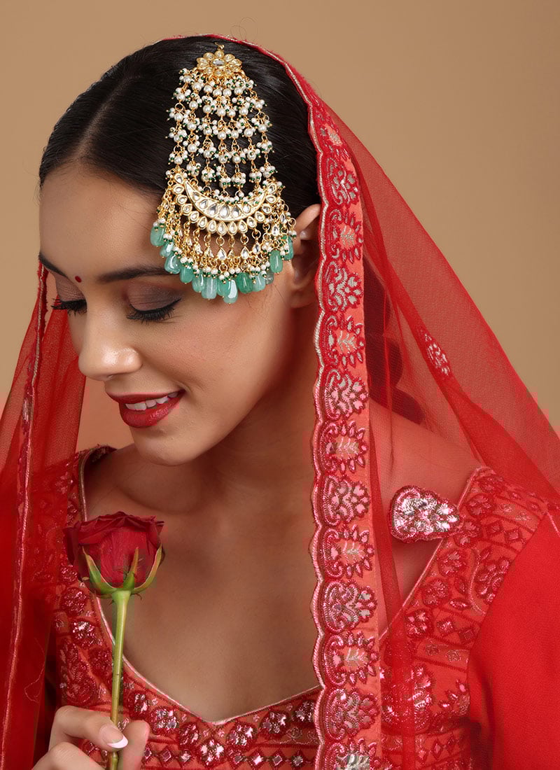 Green Gold Plated Kundan And Pearl Work Passa Wedding Wear