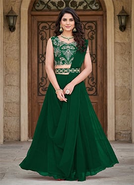 Green Greorgtte Embroidered Party Wear Umbrella Lehenga