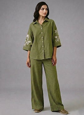 Green Ivory Vine Linen Cotton Co Ord Set