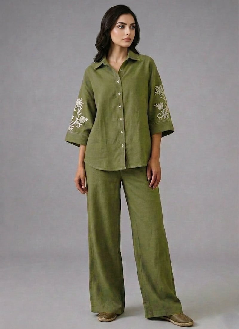 Green Ivory Vine Linen Cotton Co Ord Set After Six Wear