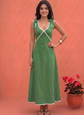 Green Lace Trim Cotton Tie Shoulder Maxi Dress