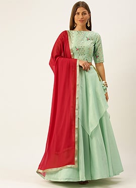Green Layered Handkerchief Lehenga Choli Set