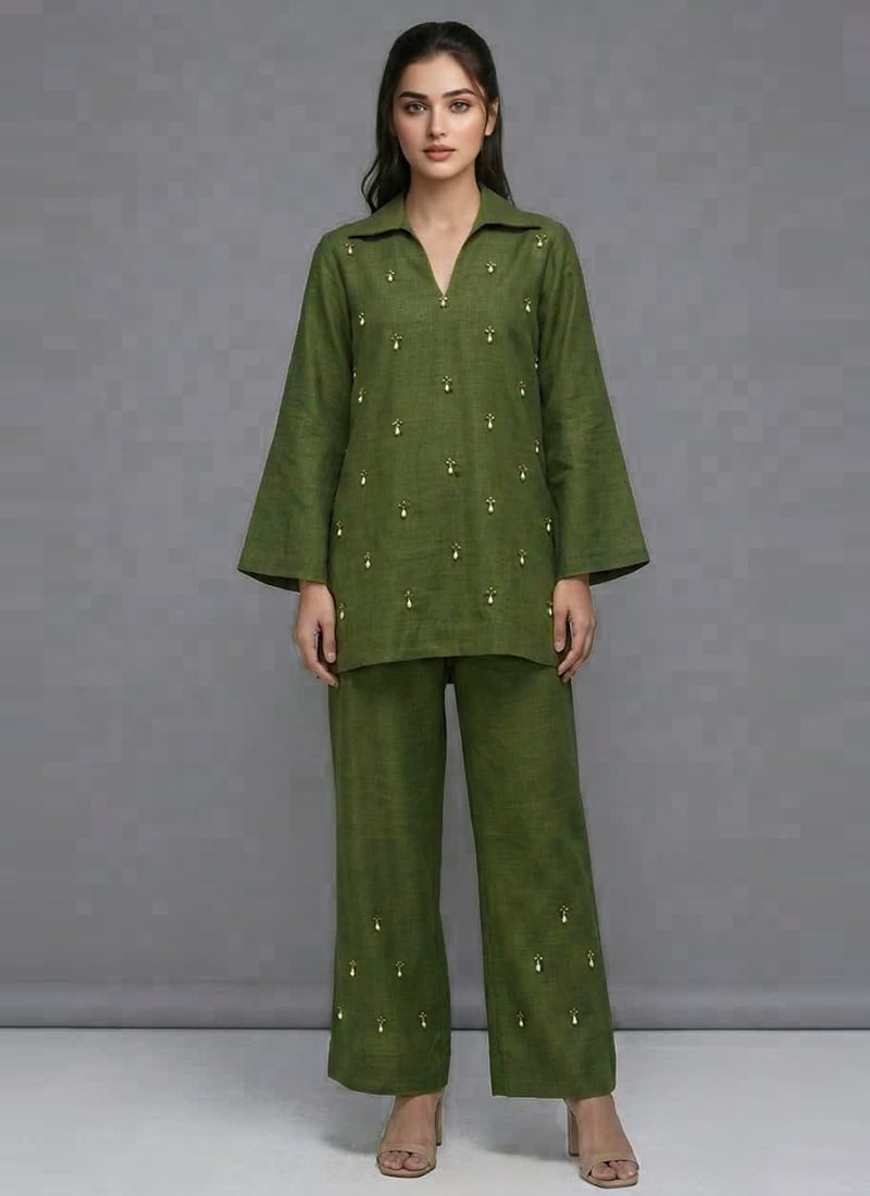 Green Meadow Gleam Linen Cotton Co Ord Set After Six Wear