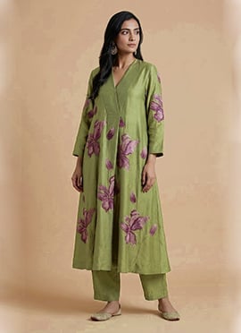 Green Muslin Cotton Floral Kurta Set