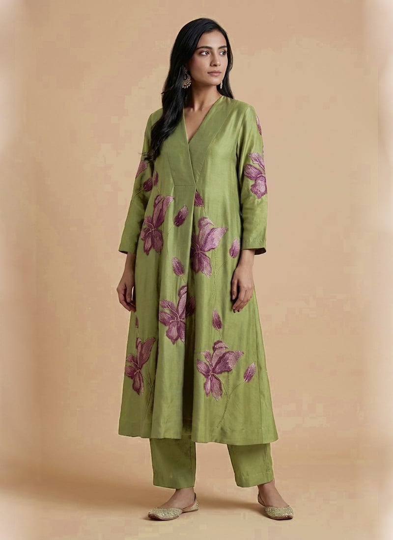 Green Muslin Cotton Floral Kurta Set After Six Wear