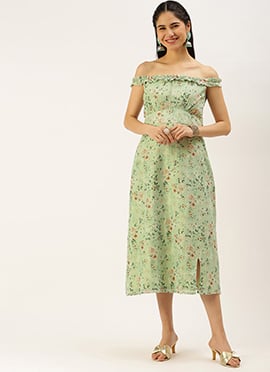 Green Muslin Off Shoulder Dress