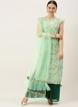 Green Muslin Print N Green Georgette palazzo Suit