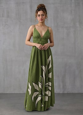 Green Muslin Printed Maxi Dress