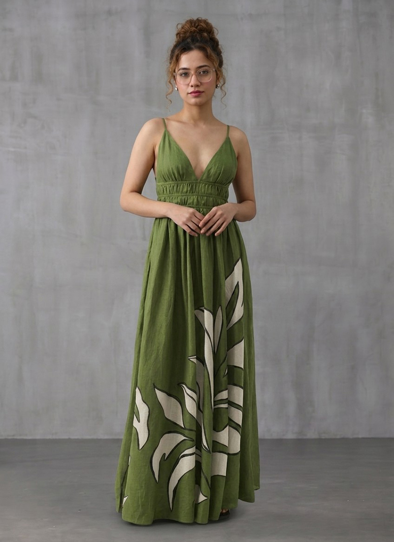 Green Muslin Printed Maxi Dress After Six Wear