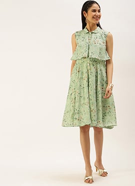 Green Muslin Printed Mini Dress