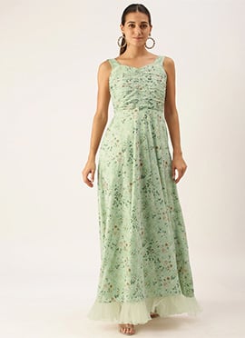 Green Muslin Ruched Maxi Dress