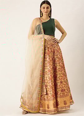 Green N Beige Digital Print Lehenga Set