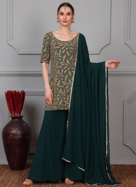 Green N Beige Embroidered Net Palazzo Suit