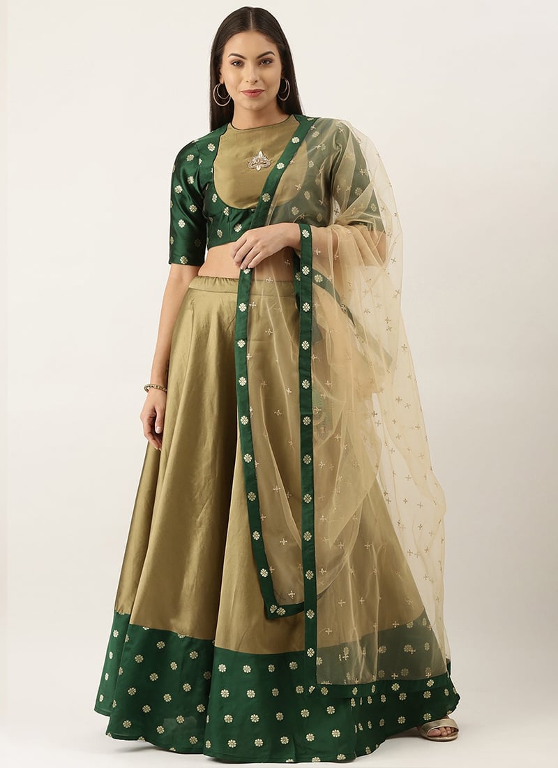Kids Girls Green N Beige Silk Lehenga Set Festive Wear
