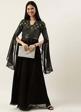 Teen Girls Green N Black Embroidered Sequins Skirt Set