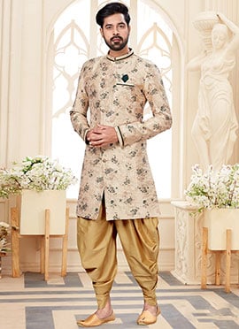 Green N Cream Art Silk Indowestern Sherwani
