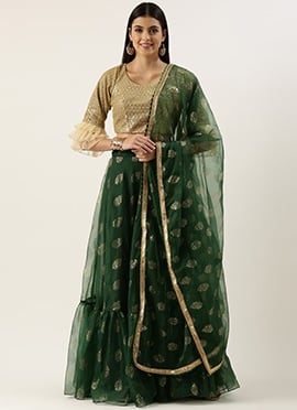 Green N Gold Organza Embroidered Lehenga